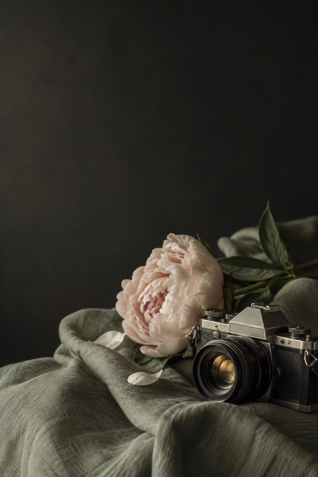 Pivoine délicate et appareil photo vintage sur un drapé vert sauge